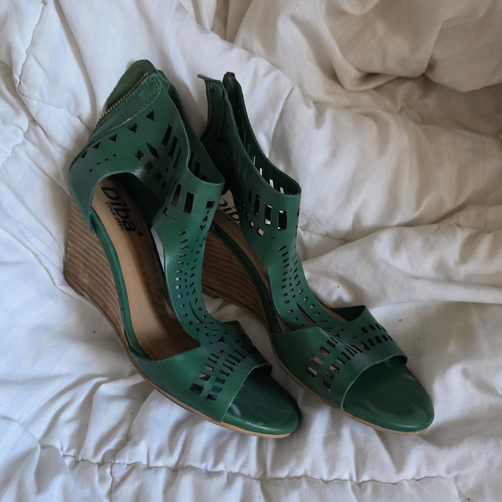 Women's Green Leather Heeled Sandals